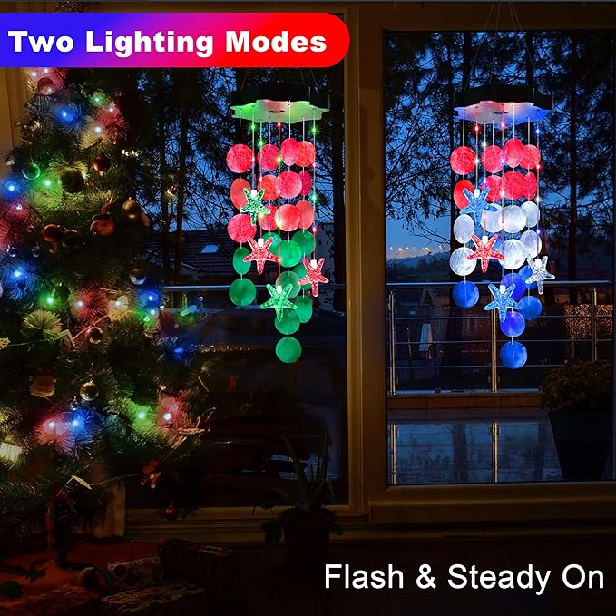 Solar Shell Gift for Mom Grandma Girls, Christmas Red & Green Solar Wind Chimes for Outside,Christmas Decorative Mobile Lights for Garden, Yard, Patio, Window, Party, Outdoor Decorations