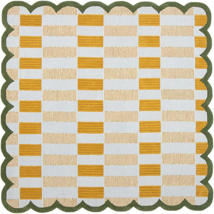 Hand-Tufted Wool Rug with Scalloped Edges, Light Blue Plaid Pattern, Cozy Soft Area Rug for Living Room, Bedroom, and Nursery, Handmade Modern Accent Rug, 8x8 Ft (Square)