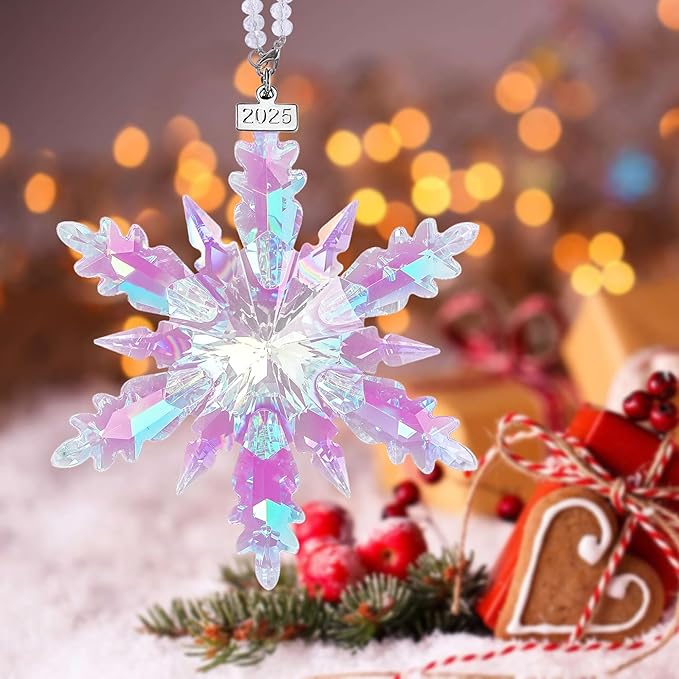 2025 Annual Edition Snowflake Crystal Christmas Ornament, Large Crystal Ornaments Display Winter House Decor with Gift Box (Colourful B)