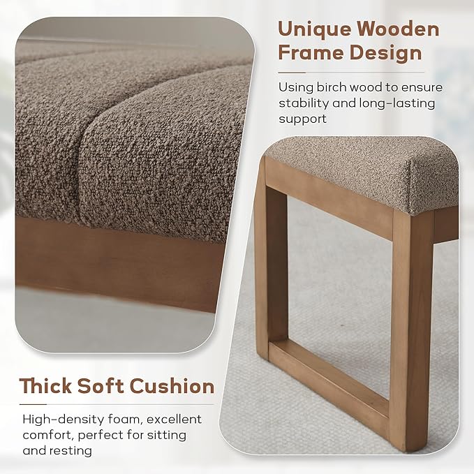 52.7" Bedroom Bench for End of Bed, Modern Upholstered Teddy Fabric Entryway Bench & Dining Bench, Footrest Stool Bench with Solid Wood Frame for Bedroom, Living Room (Dark Brown)