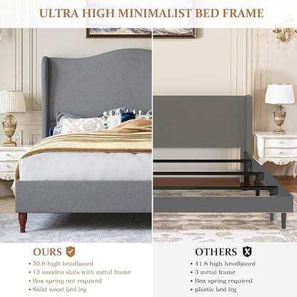 Queen Bed Frame Upholstered Platform Bed with 51" Tall Headboard Wingback, Soft Fabric, Retro Simple Style No Box Spring Needed, Easy Assembly, Grey