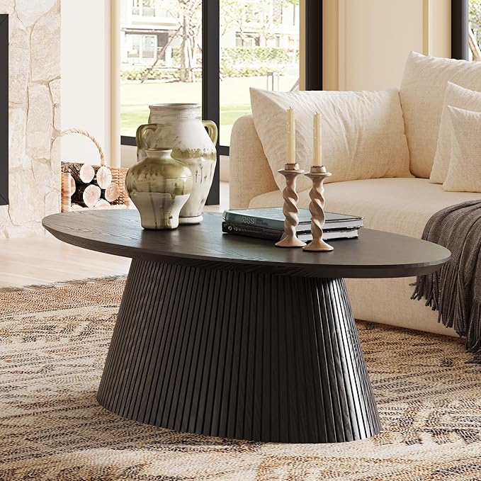 win2win Oval Coffee Table, Modern Coffee Table with Fluted Design, Minimalist Tea Table with Wood Grain Veneer, Small Funky Center Table for Living Room, Apartment, Office, Black