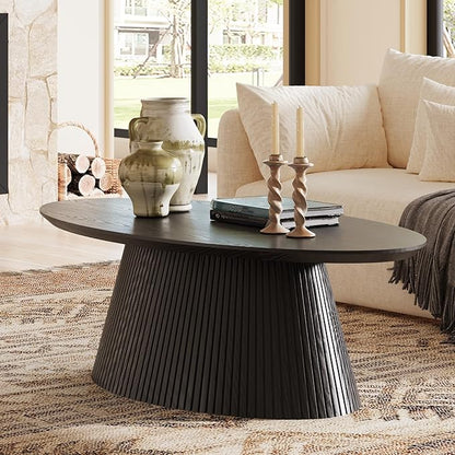 win2win Oval Coffee Table, Modern Coffee Table with Fluted Design, Minimalist Tea Table with Wood Grain Veneer, Small Funky Center Table for Living Room, Apartment, Office, Black