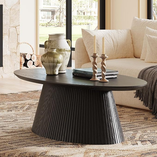 win2win Oval Coffee Table, Modern Coffee Table with Fluted Design, Minimalist Tea Table with Wood Grain Veneer, Small Funky Center Table for Living Room, Apartment, Office, Black