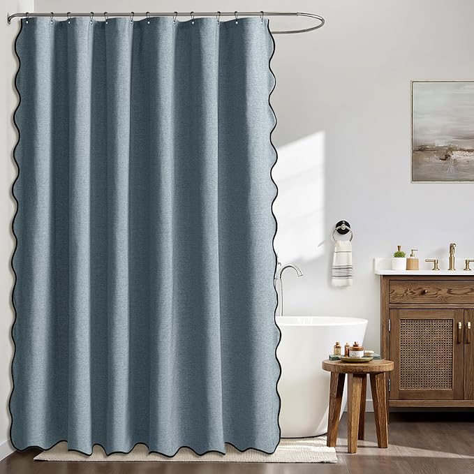 MIULEE 84" Long Scalloped Shower Curtain Linen Textured with 12 Metal Hooks Cute Extra Long Heavy Duty Washable Waterproof Cloth Shower Curtains with Black Border for Bathroom Hotel,Dusty Blue