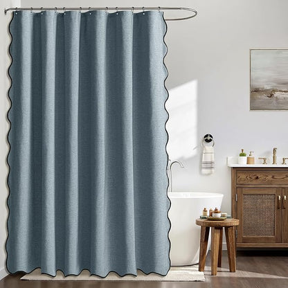 MIULEE 84" Long Scalloped Shower Curtain Linen Textured with 12 Metal Hooks Cute Extra Long Heavy Duty Washable Waterproof Cloth Shower Curtains with Black Border for Bathroom Hotel,Dusty Blue