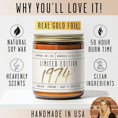 51st Birthday Gifts for Women - 'Limited Edition 1974' Soy Candle, w/Champagne on Ice I 51 Birthday Gifts for Women I 51st Gift for Her Ideas I 9oz Reusable Jar, 50Hr Burn, Made in USA