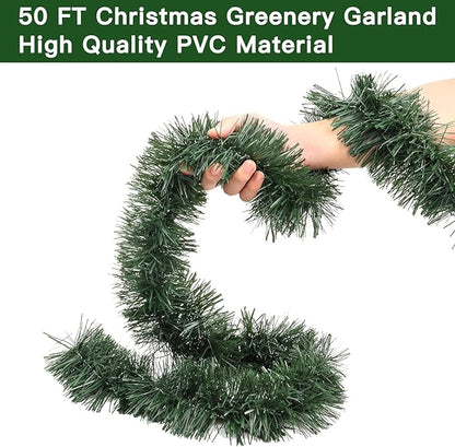 50 Foot Christmas Greenery Garland Decorations, Artificial Green Pine Garland Xmas Tree Decor Soft Tinsel Garlands Non-Lit for Stairs Mantle Fireplace Home Indoor Outdoor Holiday Party Decor