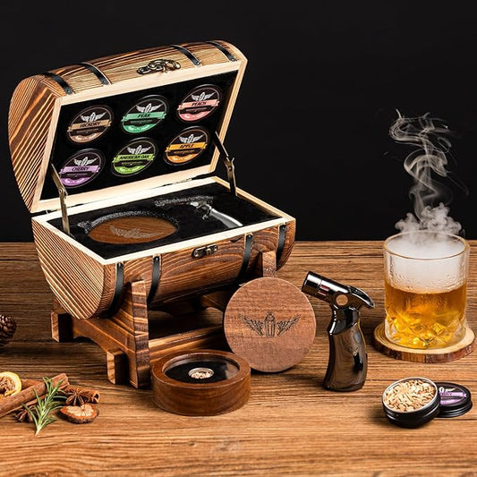 Whiskey Smoker Kit with Charred Wood Barrel (Patent Pending) – Cocktail Smoker with Torch & 6 Premium Wood Chips for Old Fashioned & Whiskey – Perfect Home Bar Gift for Men, Dad, Husband (No Butane)