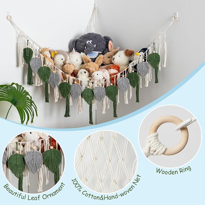 Pretty Jolly Stuffed Animal Storage with Hand Woven Leaf Tassels Hammock Corner Hanging Net Boho Macrame Plush Storage for Kid Room Nursery Decor Wall Display for Girls Gift(Gray&Green)