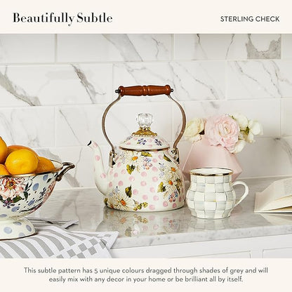 MACKENZIE-CHILDS Enamel Mug, Cute Enamelware Coffee and Tea Mug, Unique Drinkware, 16 Ounces, Gray-and-White Sterling Check, Set of 1