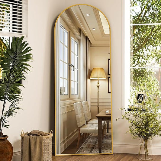 Arched Full Length Mirror, 64" x 21" Arch Floor Mirror with Stand, Full Length Wall Mirror Hanging or Leaning Arched-Top Full Body with Stand for Bedroom, Dressing Room, Gold