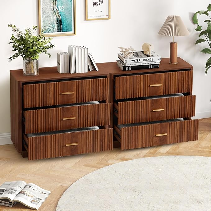 Fluted Dresser for Bedroom with 3 Drawers,31.5"Wide Modern Chest of Drawers with Metal Handle,Large Storage Dresser, Wood Closet Clothes Storage Organizer for Nursery Living Room Hallway,Walnut 2 Sets