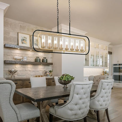Dining Room Light Fixture, 8 Lights Modern Farmhouse Chandelier Kitchen Island Lights Black and Gold Linear Chandeliers for Dining Room, 46" Large Pendant Lights with Clear Glass