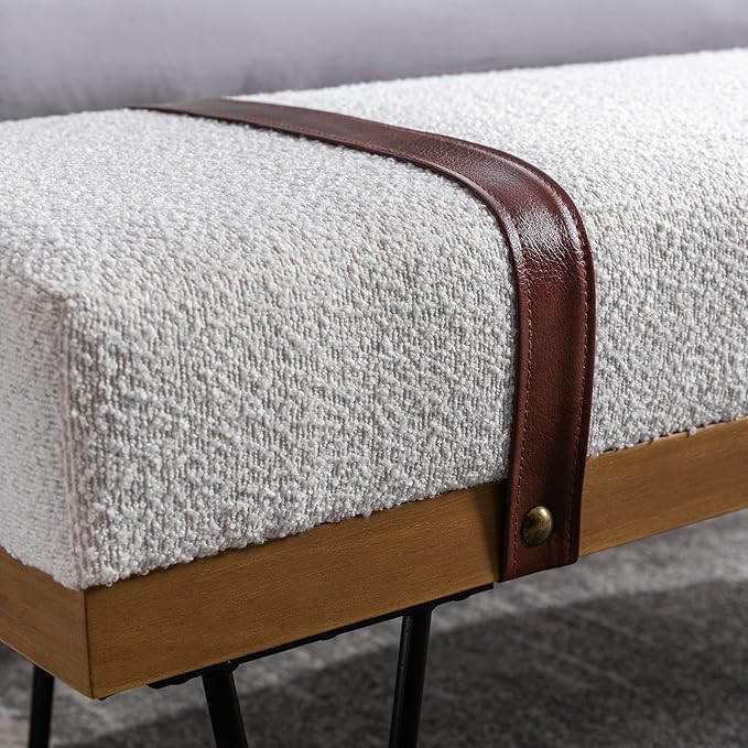 DUOMAY Industrial Modern Rectangle Ottoman Bench with PU Strap and Metal Legs, Mid Century Sherpa Dining Table Bench Footstool Entryway Shoe Bench for Bedroom Dining Room Living Room, White