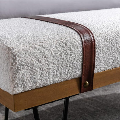 DUOMAY Industrial Modern Rectangle Ottoman Bench with PU Strap and Metal Legs, Mid Century Sherpa Dining Table Bench Footstool Entryway Shoe Bench for Bedroom Dining Room Living Room, White