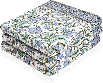 Ridhi Columbia Blue Hand Block Print Waffle Kitchen Towel Set of 3-16 x28 Ultra Absorbent Quick Dry 100% Cotton Dish Towels Lightweight Reusable Sustainable Tea Towels for Cleaning and Drying