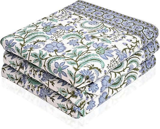 Ridhi Columbia Blue Hand Block Print Waffle Kitchen Towel Set of 3-16 x28 Ultra Absorbent Quick Dry 100% Cotton Dish Towels Lightweight Reusable Sustainable Tea Towels for Cleaning and Drying