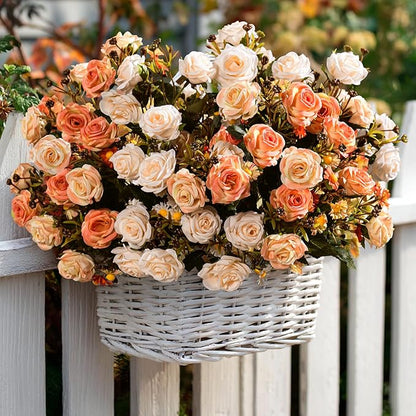 Artificial Flowers for Outdoor 4 Bundles Rose Bouquet with Daisy Faux Flowers UV Resistant for Home Indoor Outside Garden Porch Window Box Balcony Yard Porch Decor (White+Orange)