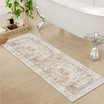 Uphome Bathroom Rugs Runner, Distressed Farmhouse Boho Light Khaki Bath Mat, Non Slip Washable Long Bath Rugs, Vintage Traditonal Soft Velvet Bathroom Runner for Bathtub Sink Shower, 18x47 inch