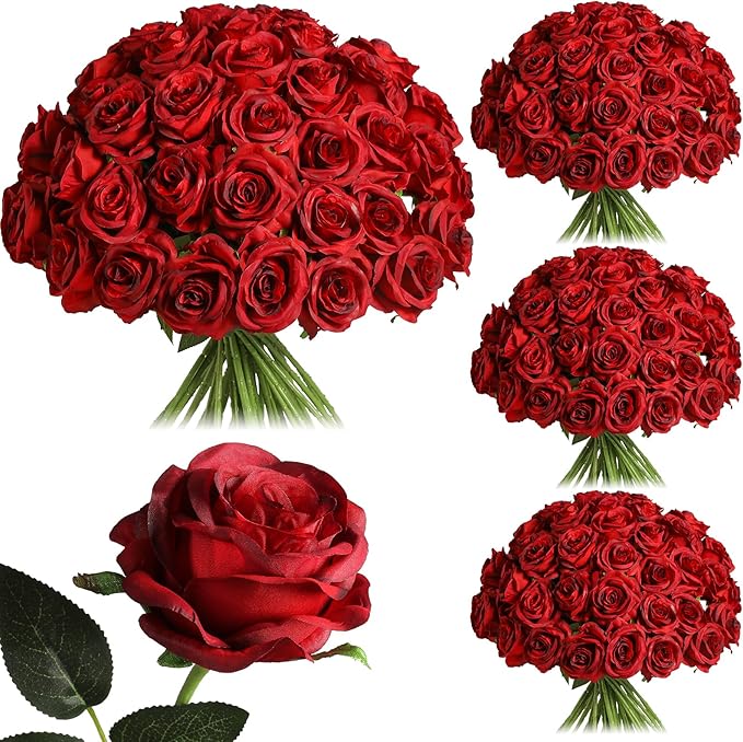 Nubry 100pcs Artificial Silk Roses Bulk,Fake Roses Flower with Stems Realistic Flowers for Wedding Centerpiece Home Party Decor(Burgundy)