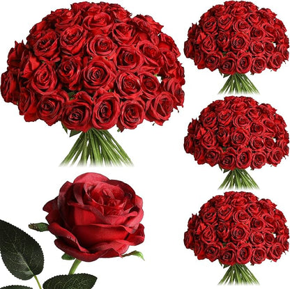Nubry 100pcs Artificial Silk Roses Bulk,Fake Roses Flower with Stems Realistic Flowers for Wedding Centerpiece Home Party Decor(Burgundy)