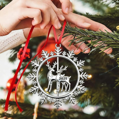 Christmas Ornaments 2025 for Tree Decoration Metal Snowflake Ornament 2025 Dated Xmas Wreath with Rotatable Reindeer Shiny Silver Holiday Decorative Keepsake Gifts for Family Friends