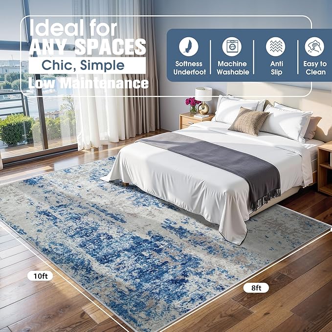 8x10 Area Rugs for Living Room Rug Washable: Abstract Large Rug for Dining Room Bedroom Carpet Non Slip 8 by 10 Indoor Modern Nursery Home Office Blue Grey White