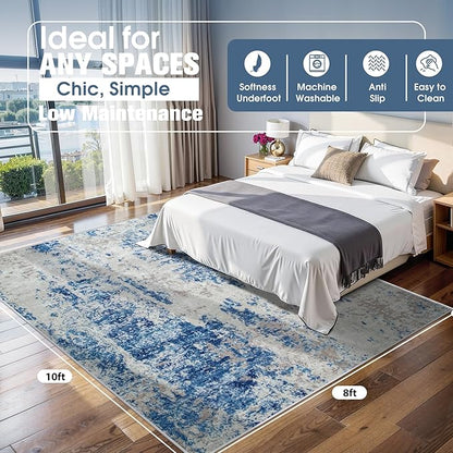 8x10 Area Rugs for Living Room Rug Washable: Abstract Large Rug for Dining Room Bedroom Carpet Non Slip 8 by 10 Indoor Modern Nursery Home Office Blue Grey White