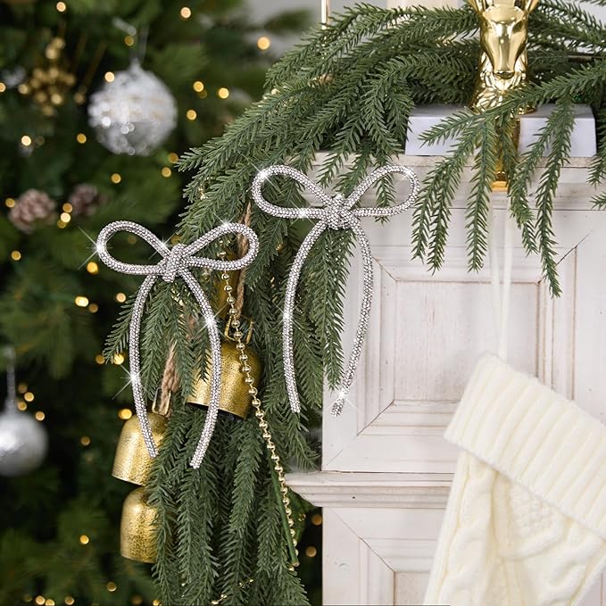 FLAIR GIFTS 6 Pcs 4.3" x 6" 2025 Christmas Bows for Tree Decor, Silver Sparkly Glitter Rhinestone Bow Ornaments with Twist Tie for Xmas Decoration, Wreath, Garland, Gift Wrapping