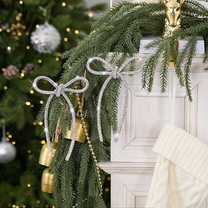 FLAIR GIFTS 6 Pcs 4.3" x 6" 2025 Christmas Bows for Tree Decor, Silver Sparkly Glitter Rhinestone Bow Ornaments with Twist Tie for Xmas Decoration, Wreath, Garland, Gift Wrapping