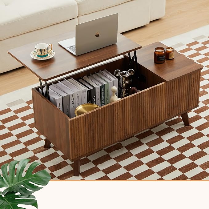 Wooden Fluted Lift Top Coffee Table with Hidden Compartment, Modern Rectangle Center Tables with Adjustable Storage Shelf, Lift Tabletop Dining Table for Home Living Room Office(Walnut)