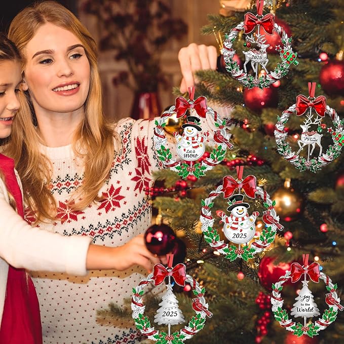 3pcs Christmas Ornament 2025 for Christmas Tree Decorations, Dated 2025 Christmas Wreath Tree Ornament with Rotatable Snowman/Tree/Deer for Xmas Holiday Metal Decorative Keepsake Gift