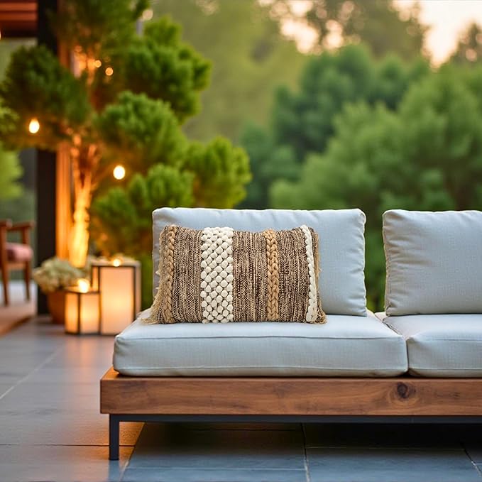 Decorative Boho-Chic Lumbar Pillow Cover 12x20 Premium Handwoven Tufted Cotton &Wool Accent Pillows, Earthy Color Throw Cushion, Farmhouse & Bohemian Home Decor (Limited Edition Cover Only)