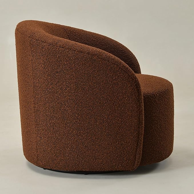 KINWELL Sherpa Swivel Barrel Chair & Round Ball Pillow Set - 34" Wide Modern Boucle Accent Chair with 9” Matching Nordic Decorative Throw Pillow for Living Room and Bedroom(Brown)