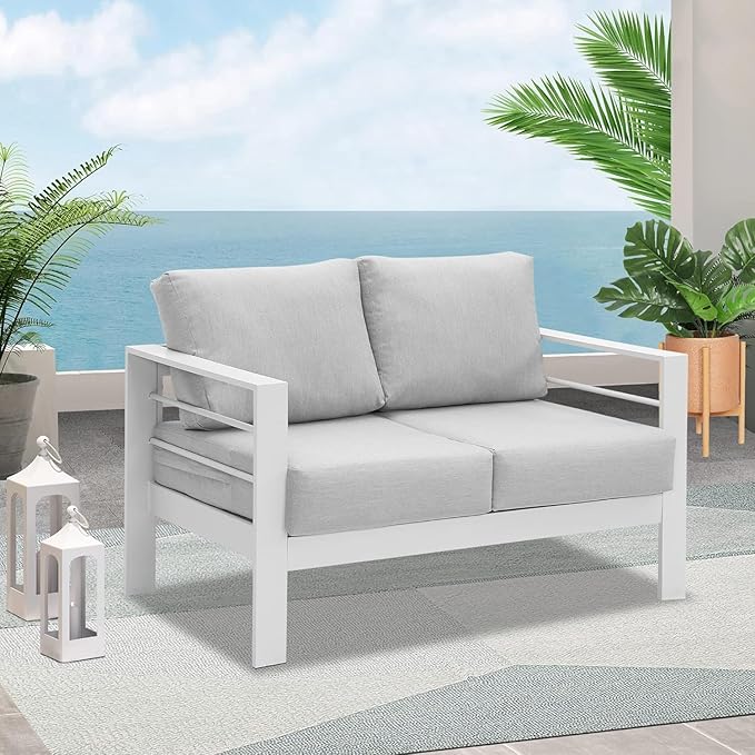 Wisteria Lane Patio Furniture Aluminum Loveseat, All-Weather Outdoor 2 Seats Outdoor Chair, White Metal Chair with Light Grey Cushions