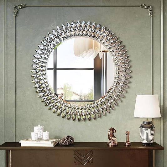 Kelly Miller Jeweled Mirror for Wall Mirror, 28 Inch Round Luxury Mirror with Sparkling Diamonds Beveled Modern Wall Decor for Bathroom, Living Room, Bedroom, Hallway