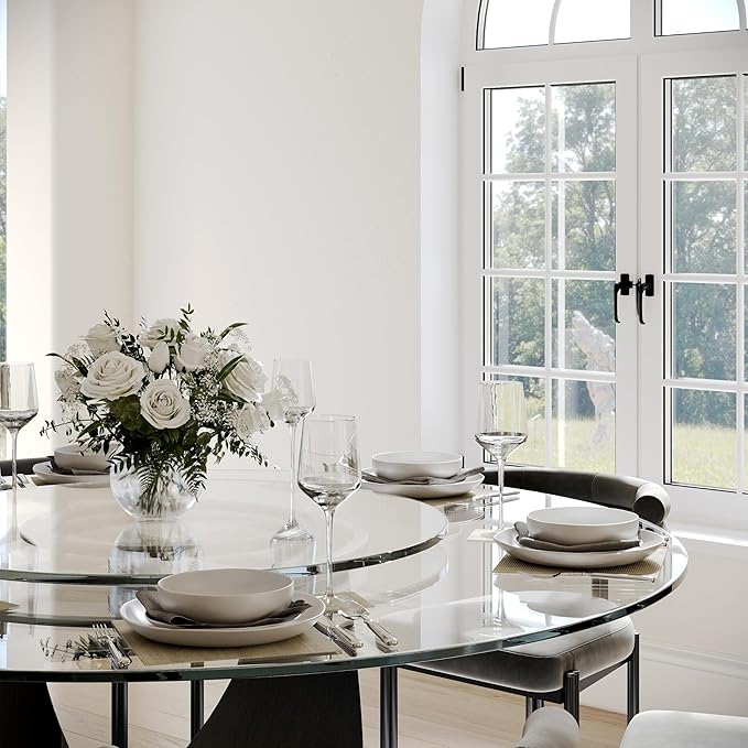 POVISON 51" Modern Round Dining with Lazy Susan Table for 4, Glass Tabletop Dining Table with Grey Carbon Steel Pedestal, Modern Dining Room Table for Kitchen, Living Room (Table Only)