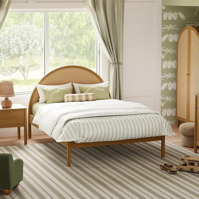 Babyletto Bondi Cane Full Size Bed Frame with Headboard & Footboard - GREENGUARD Gold Certified - Cane Paneling Platform Bedframe for Kids & Tweens - Solid Wood Full Bed No Box Spring Needed - Honey