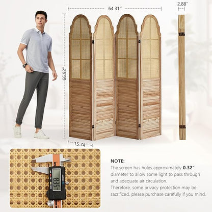 4 Panels Room Divider Wall, Rustic Rattan Room Divider, Wood Folding Privacy Screen, Foldable Wood Divider Wall, Portable Partition Screen, Wall Divider for Room Separation (Natural)