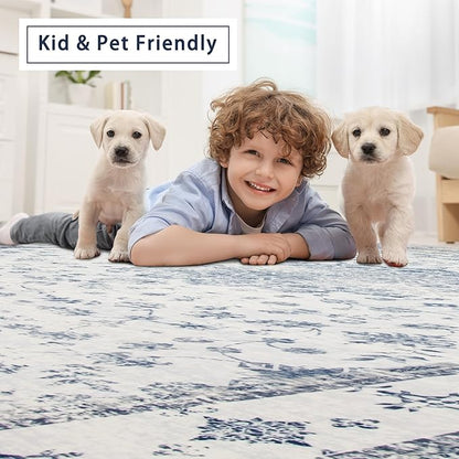 Washable Rugs 8x10 Area Rugs for Living Room,Rugs for Bedroom,Large Carpets,Ultra Soft Faux Wool Retro Dining Room Rug,Non Slip&Non-Shedding Low Pile Vintage Print Rug for Home Office-Blue