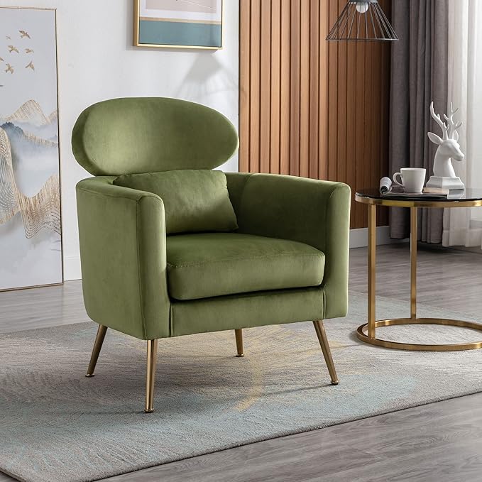 Velvet Accent Chair Set of 2 Comfy Living Room Chair Slipper Chair Mid Century Single Sofa Arm Chair with Golden Legs and Pillow for Bedroom/Guest Room, Olive Green