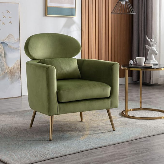 Velvet Accent Chair Set of 2 Comfy Living Room Chair Slipper Chair Mid Century Single Sofa Arm Chair with Golden Legs and Pillow for Bedroom/Guest Room, Olive Green