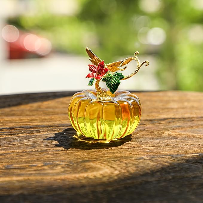 HDCRYSTALGIFTS 2.5inch Glass Pumpkin Figurines Collectibles Table Accent for Fall & Harvest, Hand Blown Glass Pumpkin Art Decorations for Home Thanksgiving