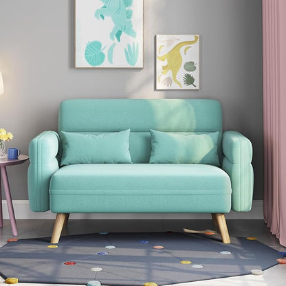 Yaheetech 46" Modern Fabric Loveseat Sofa Mid Century 2 Seater Couch Lumbar Pillows Solid Wood Legs, Aquamarine