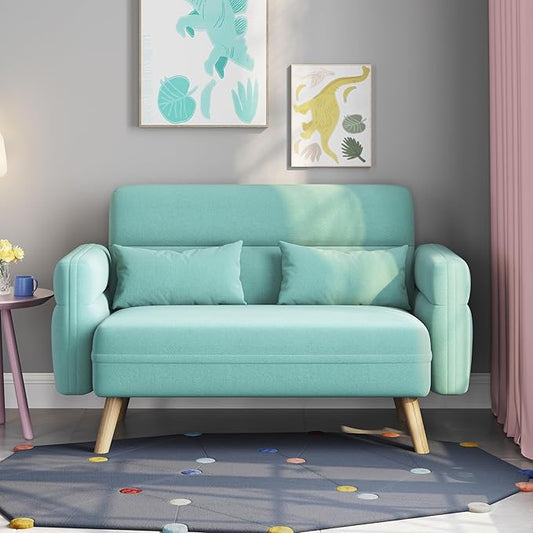 Yaheetech 46" Modern Fabric Loveseat Sofa Mid Century 2 Seater Couch Lumbar Pillows Solid Wood Legs, Aquamarine