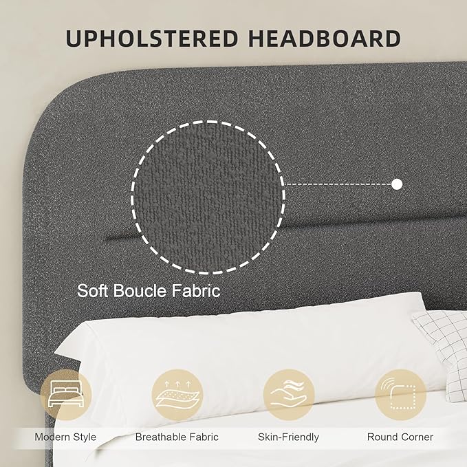 Full Size Boucle Bed Frame, Soft Upholstered Headboard, Thickened Footboard, Rounded Corners, No Box Spring Needed, Easy Assembly, Grey