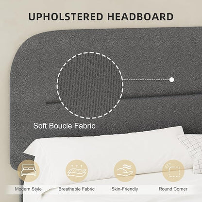 Full Size Boucle Bed Frame, Soft Upholstered Headboard, Thickened Footboard, Rounded Corners, No Box Spring Needed, Easy Assembly, Grey