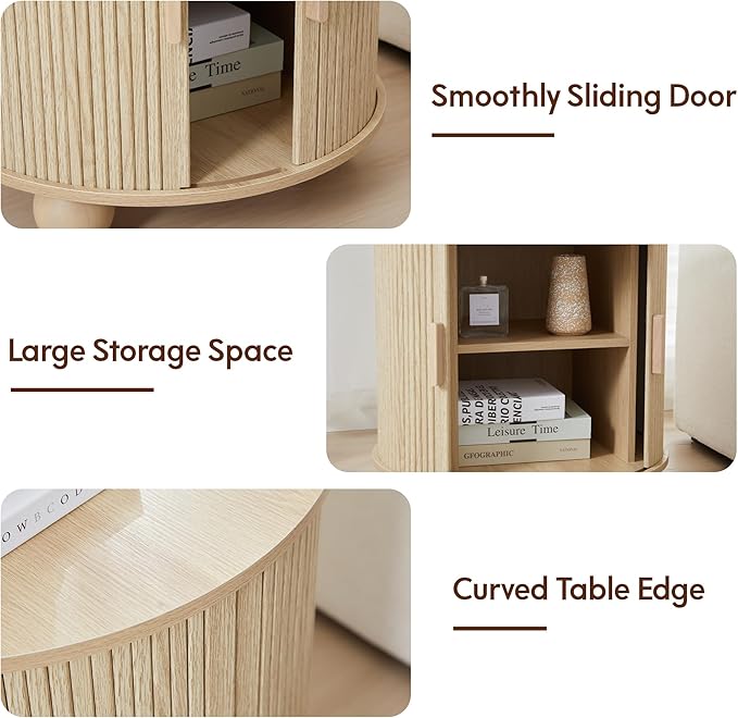 24" End Table with Charging Station, Farmhouse Round Fluted Wood Night Stand, Mid-Century Large Side Table with Storage & Sliding Door for Living Room, Bedroom (Round, Natural)