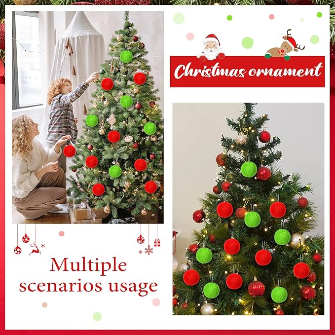 12Pcs Furry Christmas Ball Ornament for Xmas Tree Red Green Soft Faux Fur Pom Pom Ball Ornaments Green Christmas Tree Hanging Decorations for Winter Party Home Decor Costume Supplies